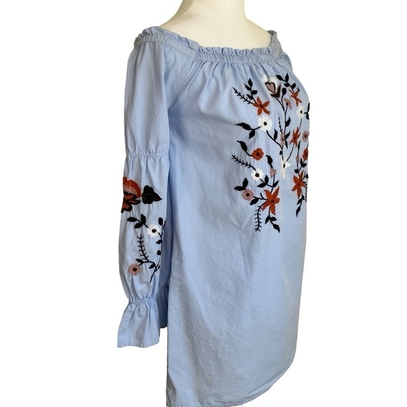 Sky and Sparrow Boho Off-the-Shoulder Floral Embroidered Mini Dress in Blue Sz S - Picture 5 of 16